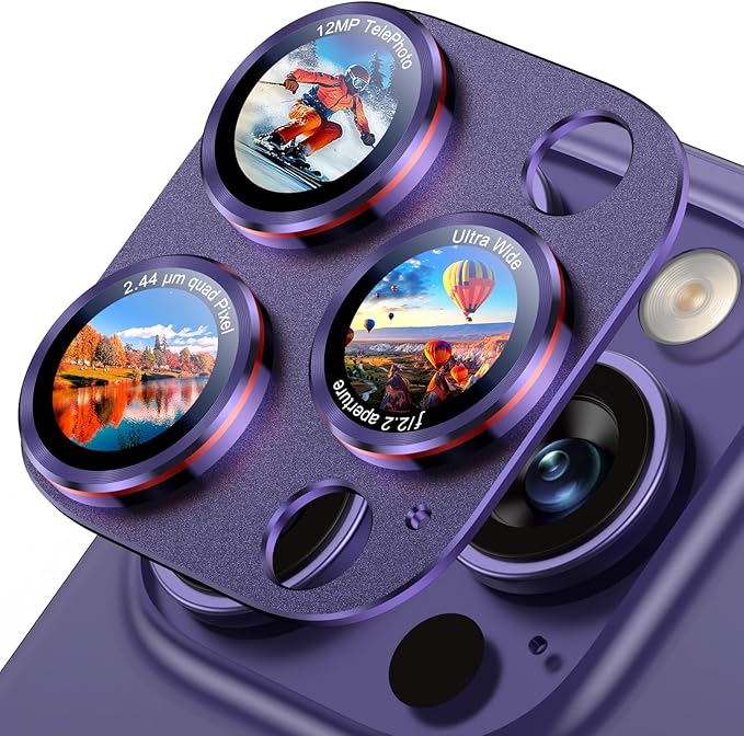 Uyiton Professional Camera Style for iPhone 16 Pro Max/16 Pro/14 Pro Max/14 Pro Camera Lens Protector - [Unique Typography + Phone Lens Red Circle Design] Metal Tempered Glass Camera Cover, Purple+Red