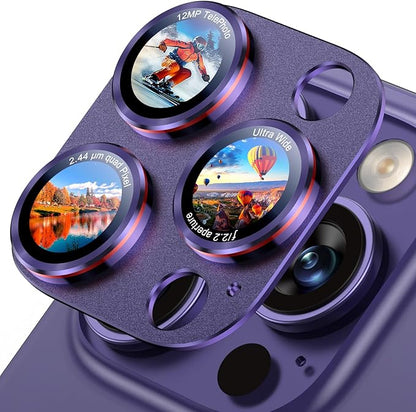 Uyiton Professional Camera Style for iPhone 16 Pro Max/16 Pro/14 Pro Max/14 Pro Camera Lens Protector - [Unique Typography + Phone Lens Red Circle Design] Metal Tempered Glass Camera Cover, Purple+Red