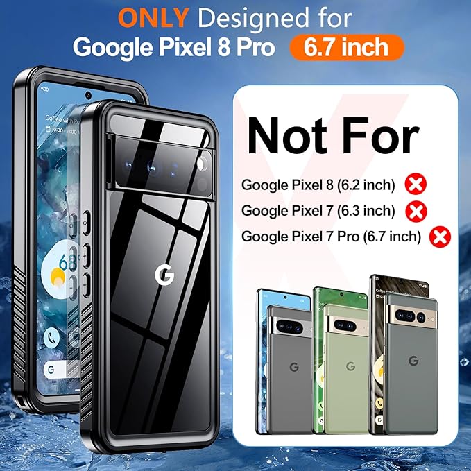 Hualele Waterproof Pixel 8 Pro Case IP68 Underwater Cover with Built-in Screen and Lens Protector, Rugged Full Body Sealed Heavy Duty Shockproof Case for Google Pixel 8 Pro Black/Clear