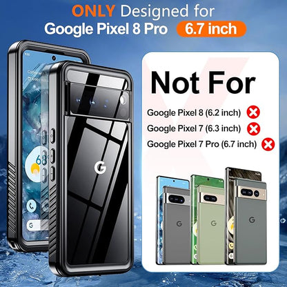 Hualele Waterproof Pixel 8 Pro Case IP68 Underwater Cover with Built-in Screen and Lens Protector, Rugged Full Body Sealed Heavy Duty Shockproof Case for Google Pixel 8 Pro Black/Clear
