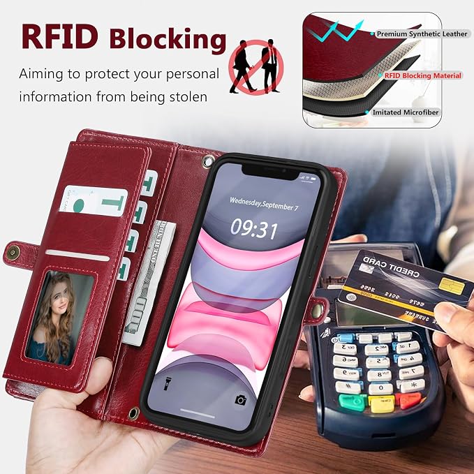 Wallet Case for iPhone 11 with Card Holder/Crossbody Wallet/Strap| RFID Blocking | Magnetic | Kickstand | Detachable | PU Leather Phone Case for iPhone 11,6.1 in,Wine Red
