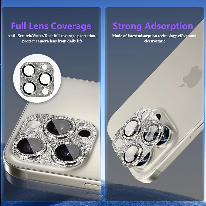 Camera Lens Protector for iPhone 16 Pro/16 Pro Max, Glitter Camera Cover with 9H Tempered Glass Metal Ring, Lens Protector for iPhone 16 Pro/Pro Max (Glitter - Natural)