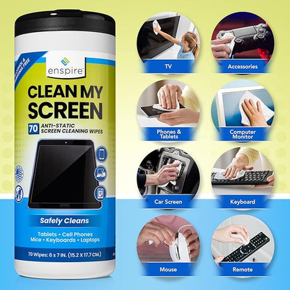 enspire® CLEAN MY SCREEN; Anti-Static Screen and Electronics Cleaning Wipes; 70 Count Tub; 905105