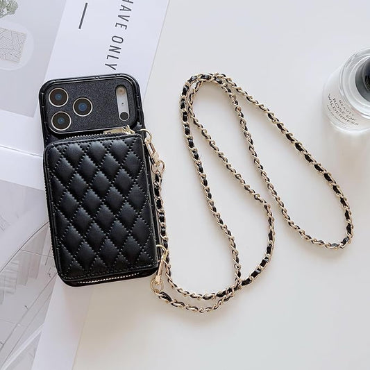 Compatible with iPhone 17 Pro Case Wallet for Women, Stylish Crossbody Wallet Case with Detachable Chain Strap&Card Slots Holder, Quilted PU Leather Kickstand Phone Cases for iPhone 17 Pro, 6.3 inch