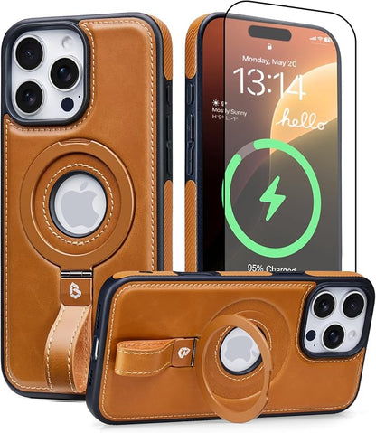for iPhone 16 Pro Max Leather Case with Stand, Anti-Slip Grip Ring, Fits for MagSafe (Brown, iPhone 16 Pro Max)