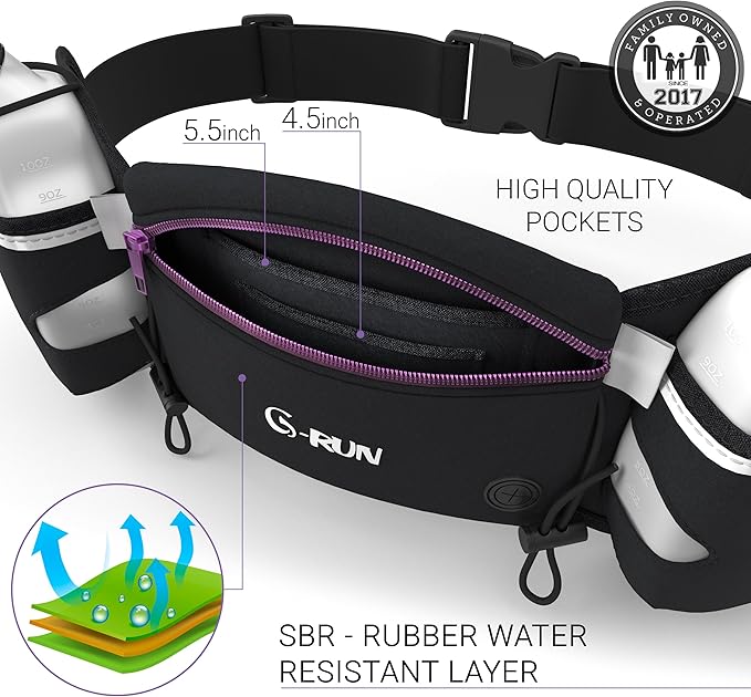 Q-RUN Hydration Running Belt with 2 x 10oz Water Bottles, No Bounce Adjustable Waist Belt for Men & Women, Marathon Running Gear