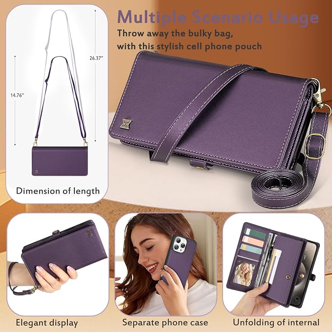 for Wallet Case Compatible with iPhone 15 Pro Max,Multi-Function Detachable 2 in 1 Magnetic iPhone 15 Pro Max Case Wallet,Flip Strap Zipper Card Holder Phone Case with Shoulder Straps (Pruple)