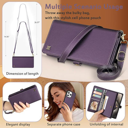 for Wallet Case Compatible with iPhone 15 Pro Max,Multi-Function Detachable 2 in 1 Magnetic iPhone 15 Pro Max Case Wallet,Flip Strap Zipper Card Holder Phone Case with Shoulder Straps (Pruple)