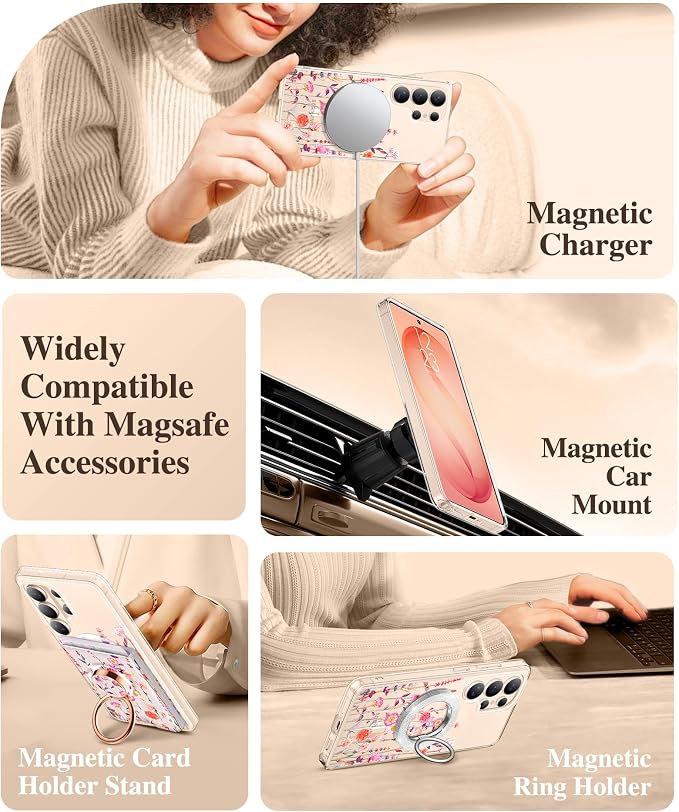 GVIEWIN for Samsung Galaxy S26 Ultra Case Compatible with MagSafe, Clear Floral Shockproof Protective Women Phone Case, Non-Yellowing, Screen&Camera Lens Protector for S26 Ultra 6.9",Floratopia/Orange