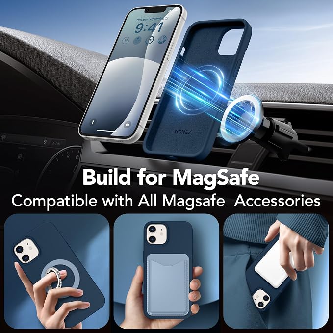 GONEZ Magnetic for iPhone 12 Case / 12 Pro Case, Compatible with MagSafe, [Screen Protector + Camera Lens Protector], Silicone Shockproof Anti-Scratch Protective Phone Case 6.1 inch, Dark Blue