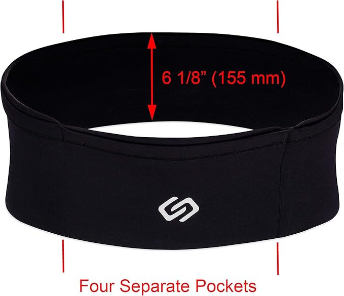 Sporteer VersaMax Anti-Theft Running Belt - Secure Double-Flap Waist Pack - Fits All Mobile Phones - Pickpocket-Proof Travel Money Belt & Medical Device Holder - Premium Nylon Spandex (Black, Medium)
