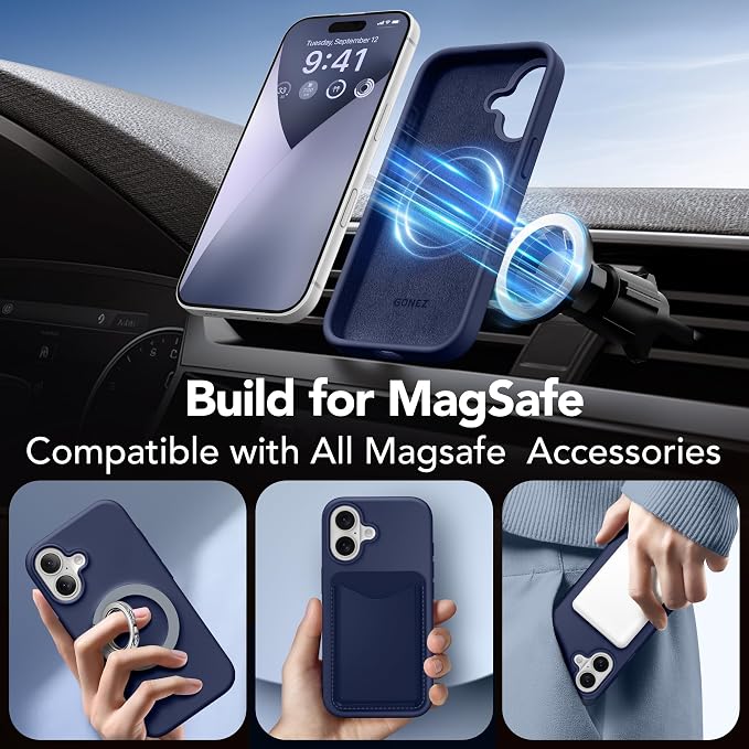 GONEZ Magnetic for iPhone 16 Case, Compatible with MagSafe, [Screen Protector + Camera Lens Protector], Liquid Silicone Shockproof Protective Phone Case for iPhone 16 6.1", Midnight Blue