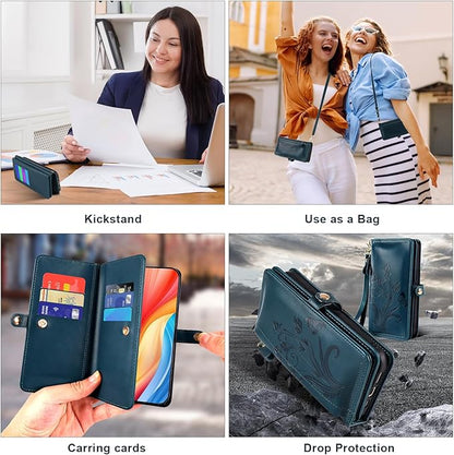 Lacass for iPhone 17 Case Wallet,[Cards Theft Scan Protection] Card Holder Zipper Leather Flip Cover Crossbody Wrist Strap with Stand (Floral Cyan Green)