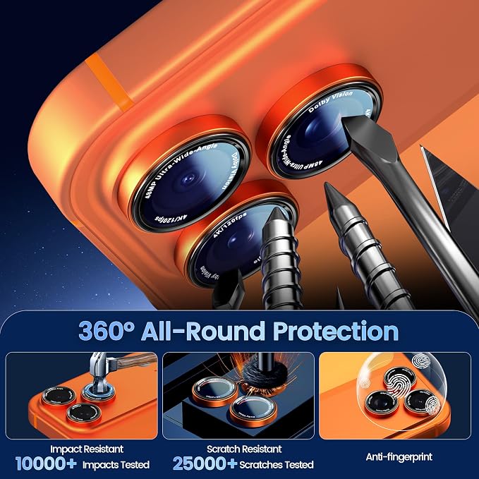 CACOE Camera Lens Protector for iPhone 17ProMax/17Pro/16ProMax/16Pro/15ProMax/15Pro/14ProMax/14Pro, [Anti-Scratch] [Drop-Proof][Strong-Adhesion] Camera Screen Cover(Orange)