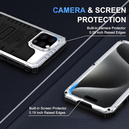 Beasyjoy iPhone 15 Pro Waterproof Case, Metal Heavy Duty Full Body Protective With Built-in Screen Protector, Military Grade Shockproof Dustproof Defender for 6.1", Silver