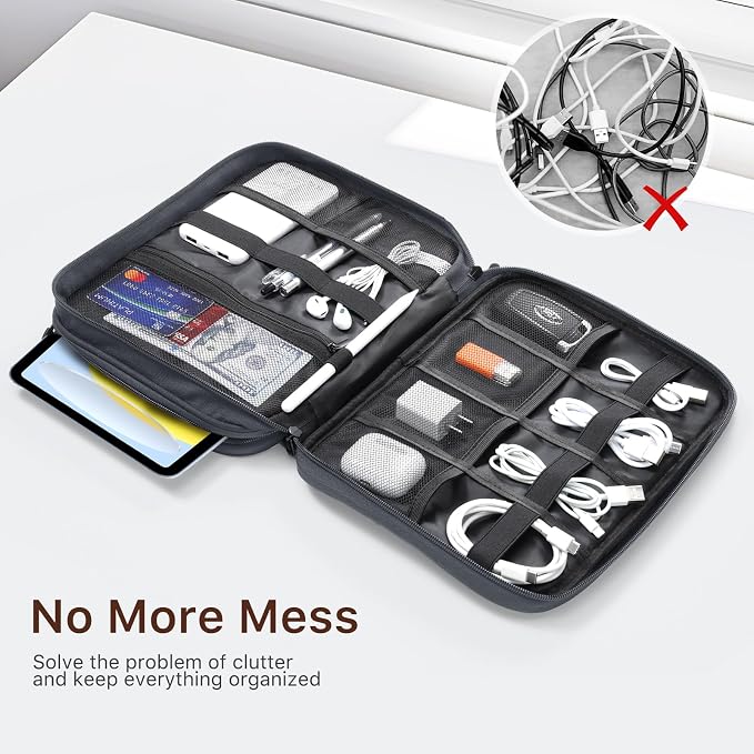 Dadanism Electronics Travel Organizer Case, Double Layers Cord Organizer | Travel All-in-One Storage Bag for Cable, Cord, iPad, Chargers, fits 9-11'' Tablets, Portable Tech Accessories Bag, Space Gray