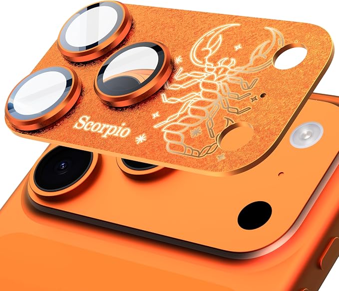 Compatible for iPhone 17 Pro Camera Lens Protector, Scorpio Pattern, Drop Protection, Anti Scratch Full-Coverage, AR 360-Degree Protection, Camera Transmfttance HD, Easy Installation, Orange