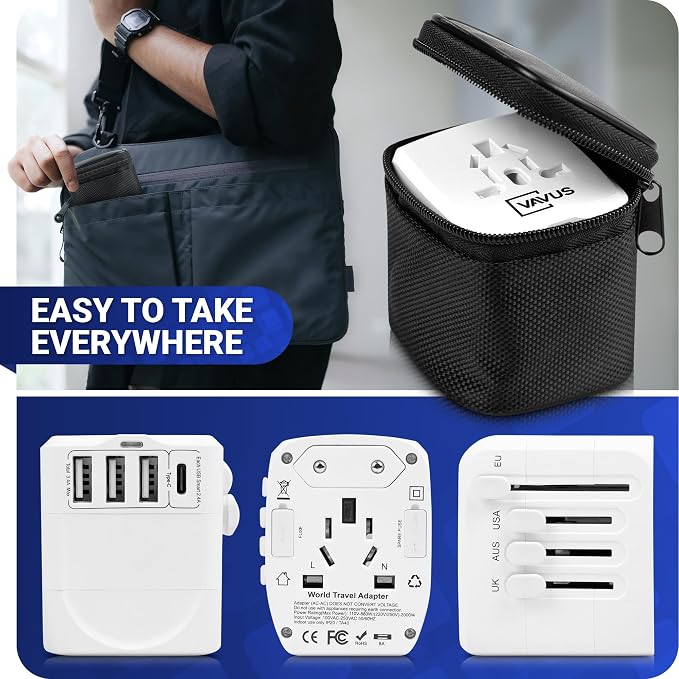 Universal International Travel Power Adapter W/High Speed 2.4A USB, 3.0A Type-C Wall Charger, European Adapter, Worldwide AC Outlet Plugs Adapters for Europe, UK, US, AU, Asia (White)