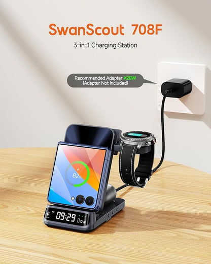 SwanScout Wireless Charger for Z Flip 7/7 FE/6/5/4/3, 3 in 1 Wireless Charging Station for Galaxy Watch 8 Classic/8/Ultra/7/FE/6/5/Buds 3 Pro, SwanScout 708F (NO Adapter)