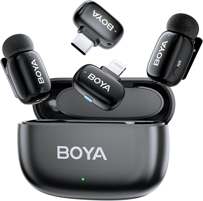 BOYA Mini Wireless Lavalier Microphone for iPhone 16/15 Series iPad iOS Android Phone,30H Battery, AI Voice Change, USB Type-C&Lightning Port Ultra-Compact Lapel Mics for Vlog Tiktok Youtube Streaming