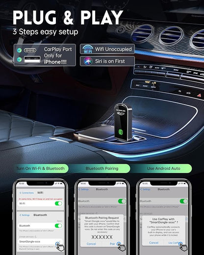 Wireless CarPlay Adapter for Apple iPhone iOS 10+ & Cars from 2015+, Mini Edition, Convert Factory Wired to Wireless CarPlay Dongle Plug & Play GPS Digital Media Receiver (Brushed Cobalt Blue)