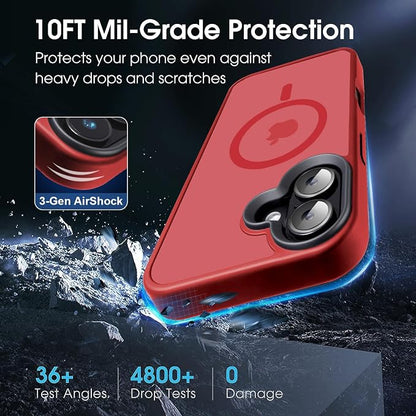 Powerful Magnetic Case for iPhone 16 Case [10FT-Grade Drop Tested & Compatible with MagSafe] Translucent Anti-Fingerprint Shockproof Protective Cover 6.1 Inch, Red