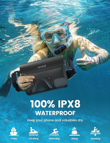 Lamicall Waterproof Fanny Pack, Cruise Essentials 2025 - [Elastic Waist Strap] Dry Bag Pouch, Travel, Boat, Paddle, Kayak, Beach, Swimming Accessories, 8.7” for iPhone 17 16 15 14 13 Pro Max Air