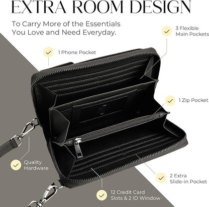 BULL GUARD Crossbody Leather Wallet Phone Purse, Anti Theft and RFID Blocking, Elegant Design for Travel