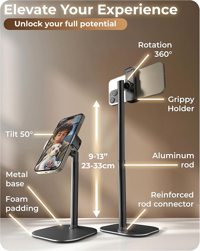 COOPER ChatStand, Adjustable Cell Phone Stand for Desk, Phone Stand for Recording, iPhone Holder for Filming, Small iPhone Tripod, Soporte para Celular, Fits Samsung, Android, (Night Black)