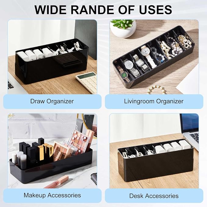 Tatuo 1 Pcs Cord Organizer for Drawer Desktop, Cable Organizer Box with 8 Compartments and Wire Ties, Plastic Charger Storage with Lid, Electronics Case for Home Office Accessories (Small,Black)