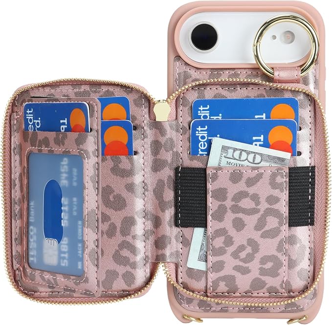 Crossbody Wallet Case for iPhone Air, PU Leather Zipper Handbag Purse Flip Cover, Kickstand Folio Case with Card Slots Holder Wrist Strap Lanyard 5G 6.5 Inch-Pink Leopard