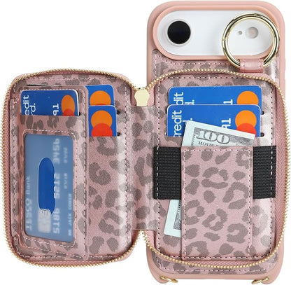 Crossbody Wallet Case for iPhone Air, PU Leather Zipper Handbag Purse Flip Cover, Kickstand Folio Case with Card Slots Holder Wrist Strap Lanyard 5G 6.5 Inch-Pink Leopard