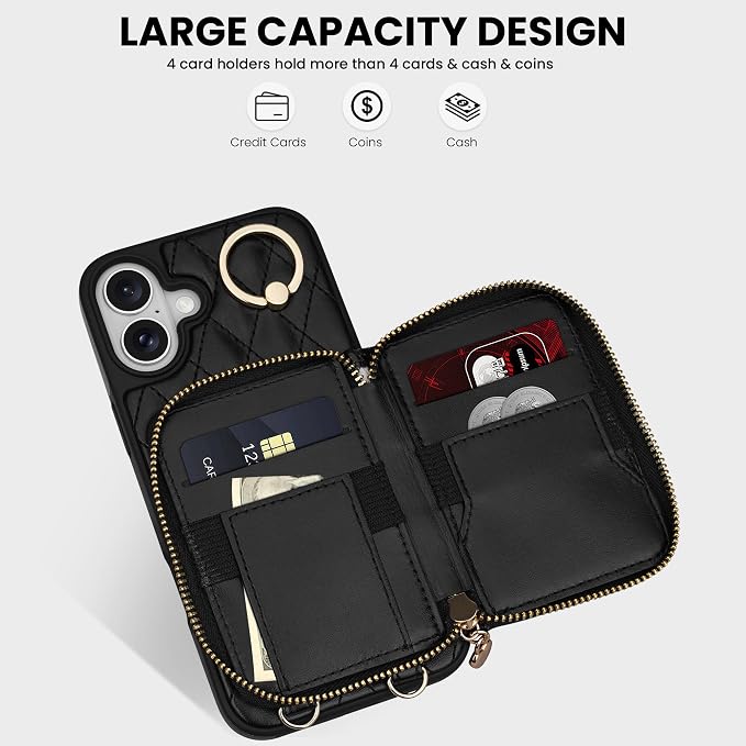 Keallce Case for iPhone 16 6.1'' Wallet Case, Crossbody Zipper Purse with Wristlet for Women, RFID Blocking Card Holders, 360° Ring Kickstand Flip Leather Case for iPhone 16, Black