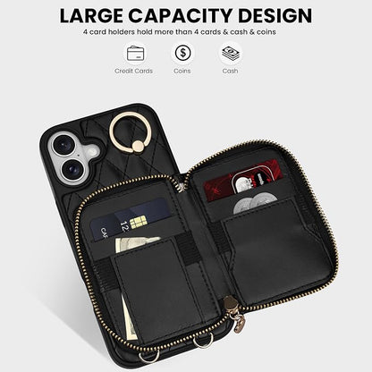 Keallce Case for iPhone 16 6.1'' Wallet Case, Crossbody Zipper Purse with Wristlet for Women, RFID Blocking Card Holders, 360° Ring Kickstand Flip Leather Case for iPhone 16, Black