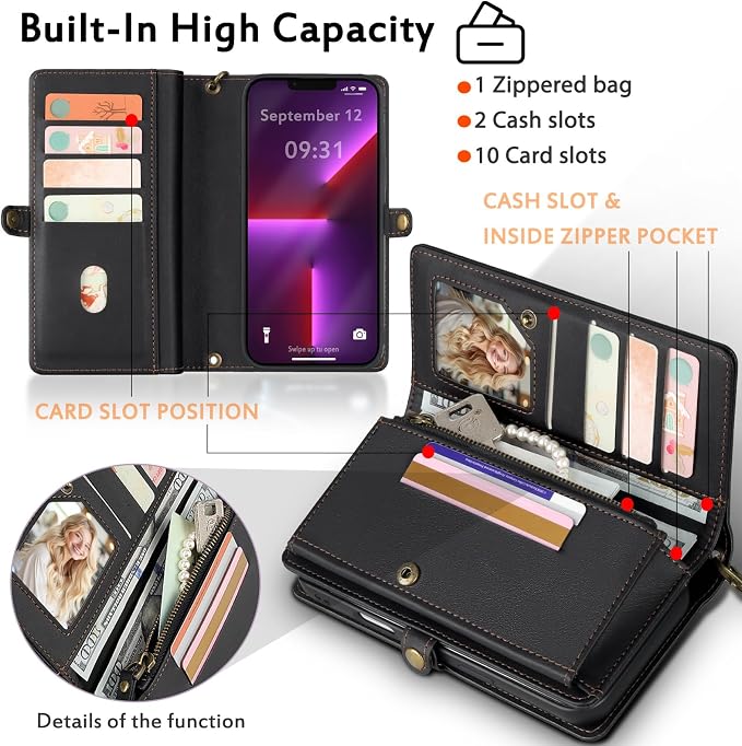 for Wallet Case Compatible with iPhone 13 Pro Max,Multi-Function Detachable 2 in 1 Magnetic iPhone 13 Pro Max Case Wallet,Flip Strap Zipper Card Holder Phone Case with Shoulder Straps (Black)
