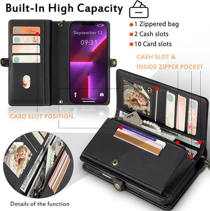 for Wallet Case Compatible with iPhone 13 Pro Max,Multi-Function Detachable 2 in 1 Magnetic iPhone 13 Pro Max Case Wallet,Flip Strap Zipper Card Holder Phone Case with Shoulder Straps (Black)