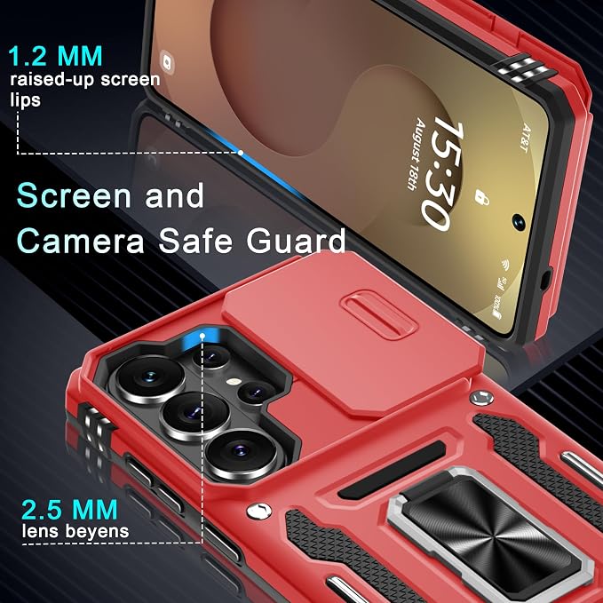 DEERLAMN Case for Samsung Galaxy S26 Ultra 6.9-Inch with Slide Camera Cover+Screen Protector(1 Pack), Rotated Ring Kickstand Military Grade Shockproof Protective Cover-Red