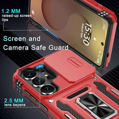 DEERLAMN Case for Samsung Galaxy S26 Ultra 6.9-Inch with Slide Camera Cover+Screen Protector(1 Pack), Rotated Ring Kickstand Military Grade Shockproof Protective Cover-Red
