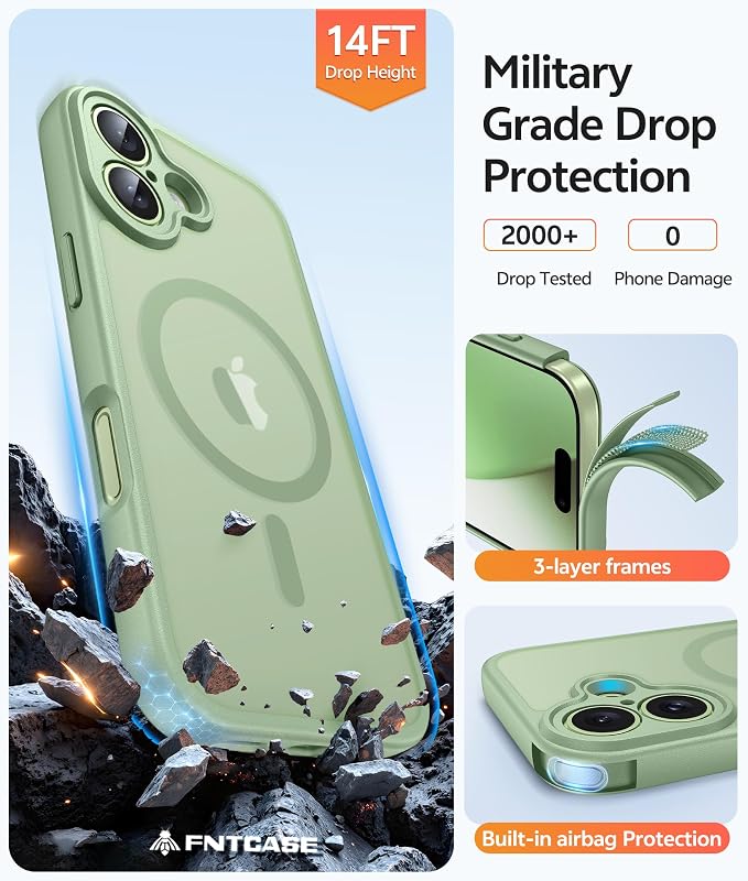 FNTCASE for iPhone 17 Case: [Compatible with Magsafe] Translucent Matte Cases with [Full Camera Protection] [Screen Protector] Military Grade Shockproof Protective Phone Cover - Light Moss