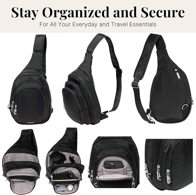 Baggallini Securtex® Anti-Theft Multi Zip Sling - Lightweight 8.6"x15.2" Travel Bag with Locking Zippers & RFID Protection