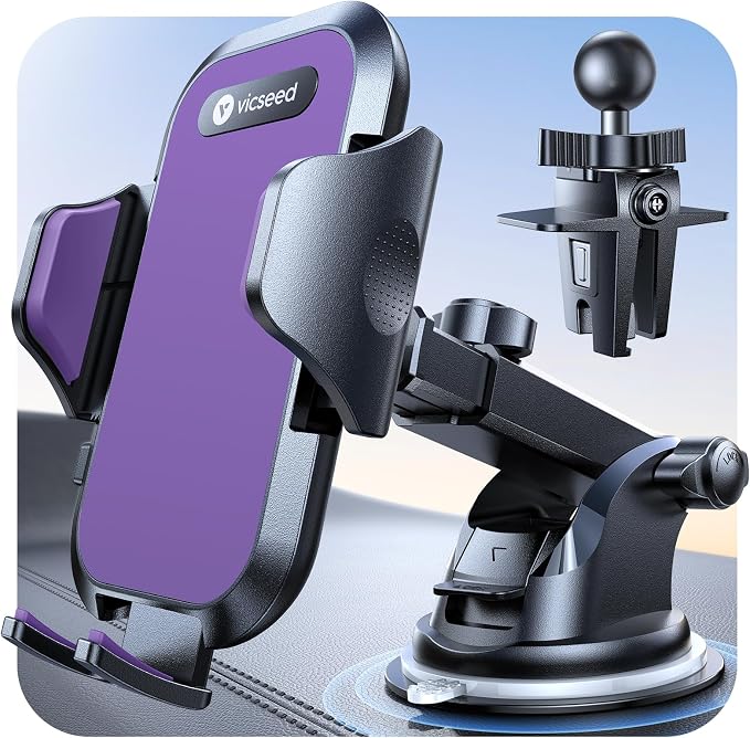 VICSEED Purple Phone Holders for Your Car [Upgraded True Military-Grade Strongest Suction] Cell Phone Mount for Car Dashboard Windshield Vent Truck Boat Stand Adjustable for iPhone Android