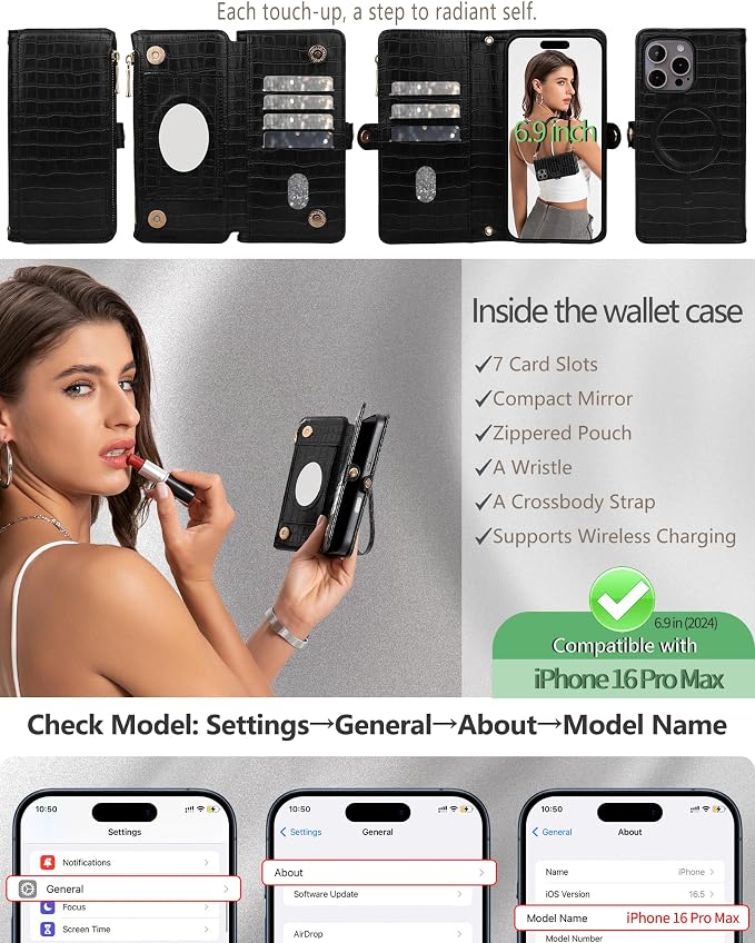 Crossbody Wallet Case for iPhone 16 Pro Max with Mirror, Wrist Strap, Zipper Purse Magnetic Flip RFID Blocking Card Holder, Wireless Charging, PU Leather Shockproof 6.9" Women (Black)
