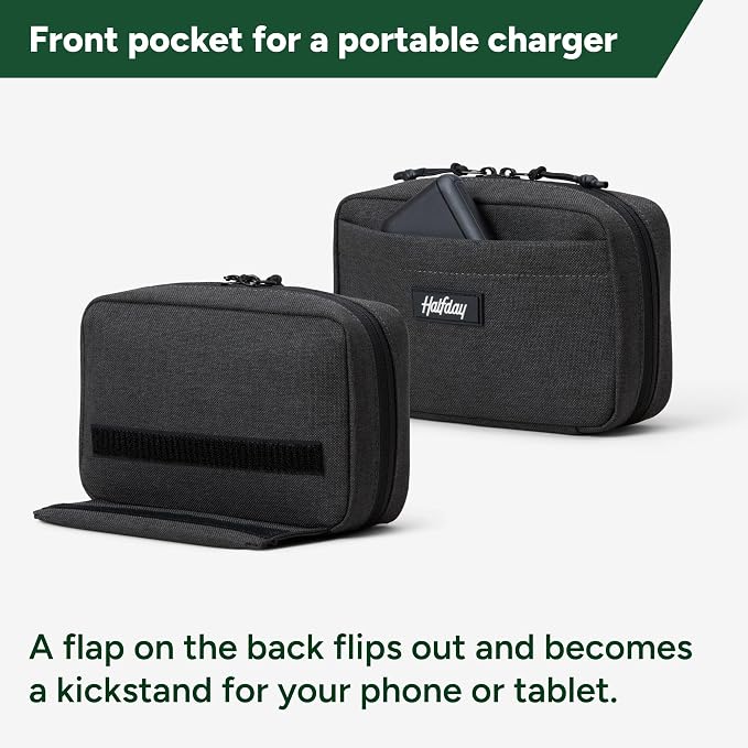 Halfday Sidekick Tech Organizer Kit: Flip-Out Kickstand for Phone/Tablet, Zip-Flat Pouch with Power Mesh & Elastic for Cable & Charger (Splash-Resistant Travel Electronics Accessories Case), Shadow
