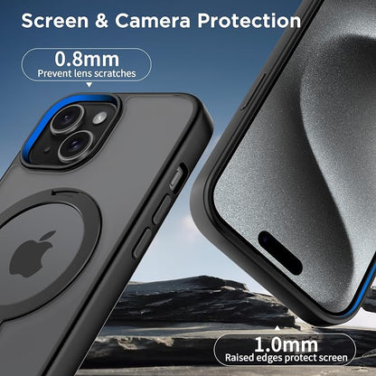 CACOE Magnetic Case for iPhone 15 6.1 inch with 360 Rotatable Ring Stand, Compatible with MagSafe Car Phone Mount, Cases Cover Phone Holder for Desk Meeting/Videos Matte Black