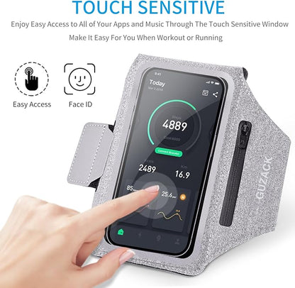 GUZACK Running Armband Case for iPhone 17/16/15/14/13 Pro Max, Galaxy S25/S24/S23/S22, Universal Cell Phone Arm Holder with Key Pocket & Card Slot, Gray