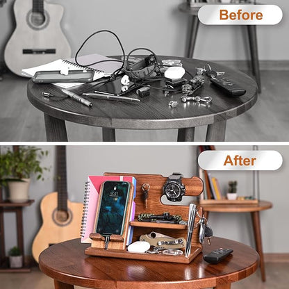 TESLYAR Wood Phone Docking Station for Men - Desk or Nightstand Organizer - Birthday Gifts for Husband or Dad - Anniversary Idea from Wife - Key Holder, Stand Wallet, Watch & Essentials (Earth Beige)