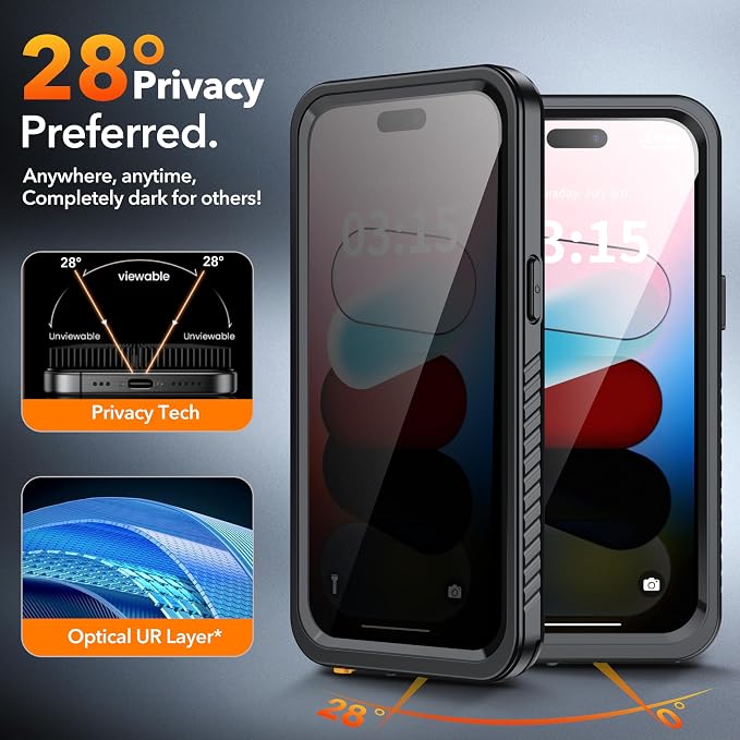 ANTSHARE Waterproof Case for iPhone 15, with [Built-in Privacy Screen Protector] [IP 68 Underwater], Anti-Peeping Adsorption Full Body Double Protective Case for iPhone 15, Black
