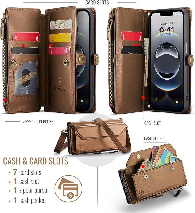 Strapurs Crossbody Wallet Case Compatible with iPhone 17e / iPhone 16e RFID Blocking 7-Card Holder PU Leather Magnetic Snap Shoulder Strap Zipper Pocket Phone Cases for iPhone 17e / 16e - Brown