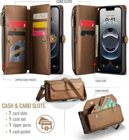Strapurs Crossbody Wallet Case Compatible with iPhone 17e / iPhone 16e RFID Blocking 7-Card Holder PU Leather Magnetic Snap Shoulder Strap Zipper Pocket Phone Cases for iPhone 17e / 16e - Brown