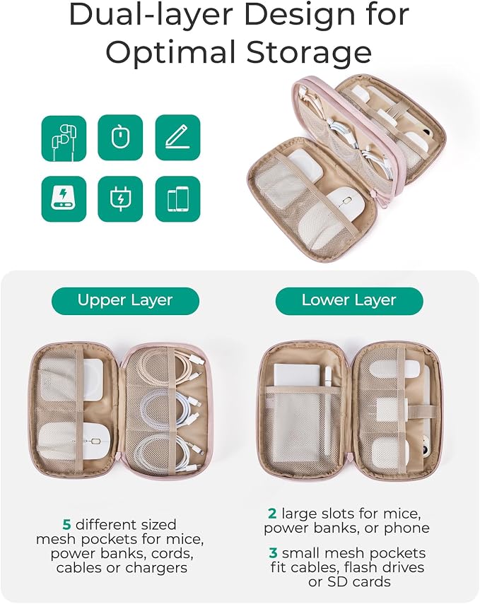 BAGSMART Cord Organizer Travel Cable Bag, Compact Tech Electronic Organizer Travel Case, Essentials for Charger, Cable, Phone, Flash drive, Double Layers (Pink)